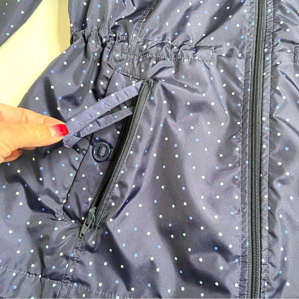 Details Intl Navy Mini Polkadot Packable Hooded Rain Jacket Size Large